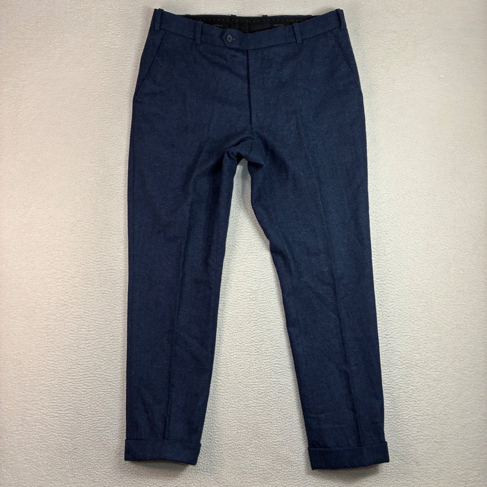 StudioSuits Bespoke Dress Pants Men 36x29 Blue Wool Blend Flat Front Tweed
